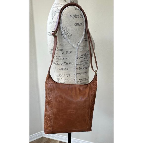 The Sak Women's De Young Small Leather Crossbody BagColor:Tobacco Floral Emboss - Picture 5 of 10